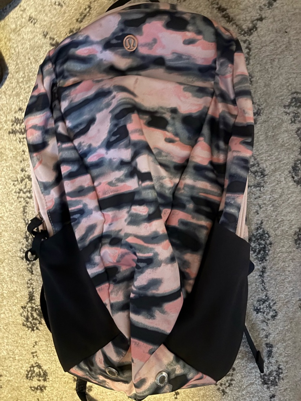 Lululemon Pink & Black Camouflage Backpack with rose gold hardware